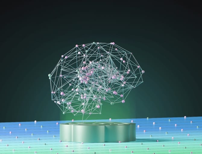 Abstrakte Darstellung einer Kugel, die aus vernetzten Punkten und Linien besteht, auf einem Podest stehend.